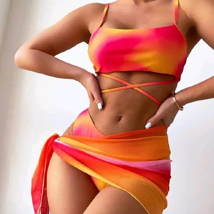 Women's Swimsuit Bikini 2024 Women's Swimsuit Three-piece Tie-dyed Lace-up Sexy Bikini Suit Ins Bathing Suit