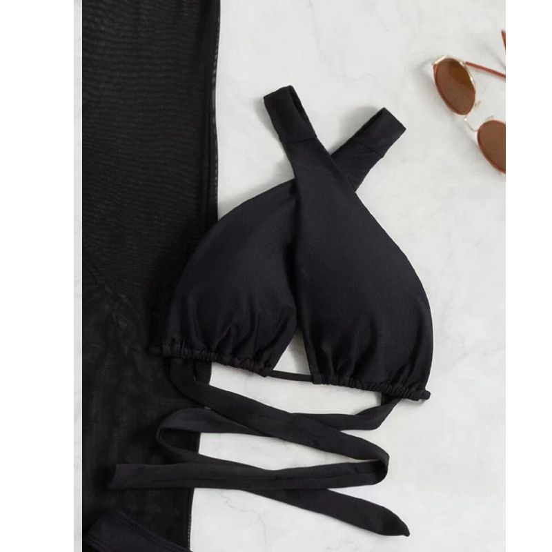 2024 New 3 Pieces Set Swimsuit Women High Waist Swimwear Sexy Lace Up Micro Bikini Set With Pant Solid Beachwear Bathing Suit