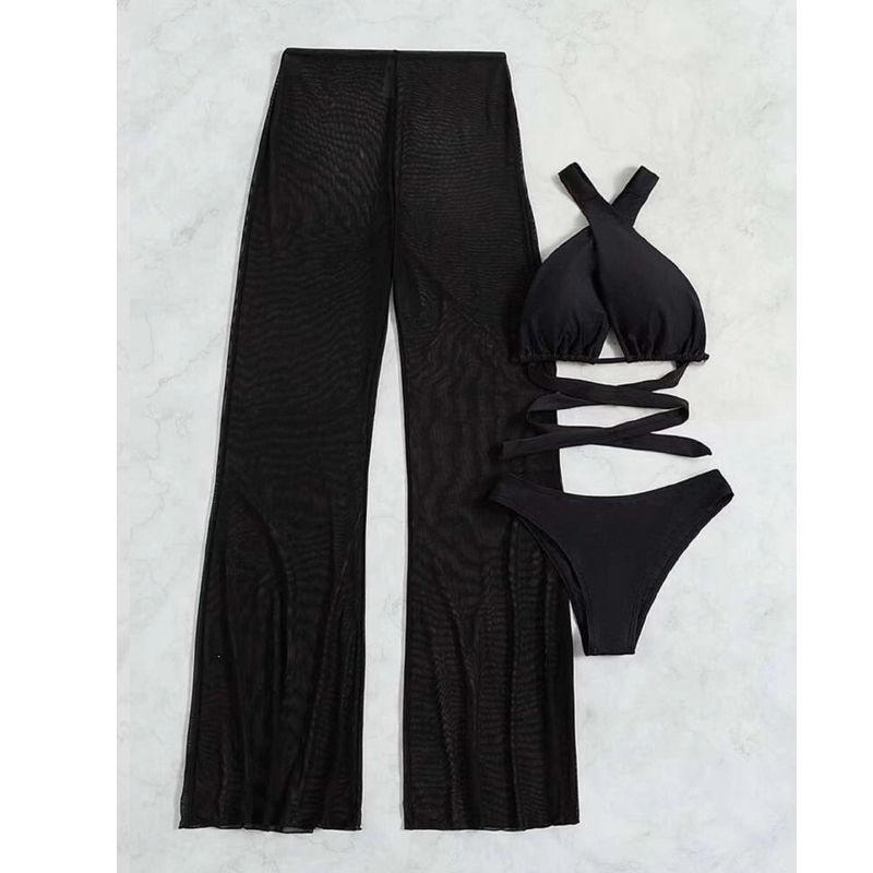 2024 New 3 Pieces Set Swimsuit Women High Waist Swimwear Sexy Lace Up Micro Bikini Set With Pant Solid Beachwear Bathing Suit