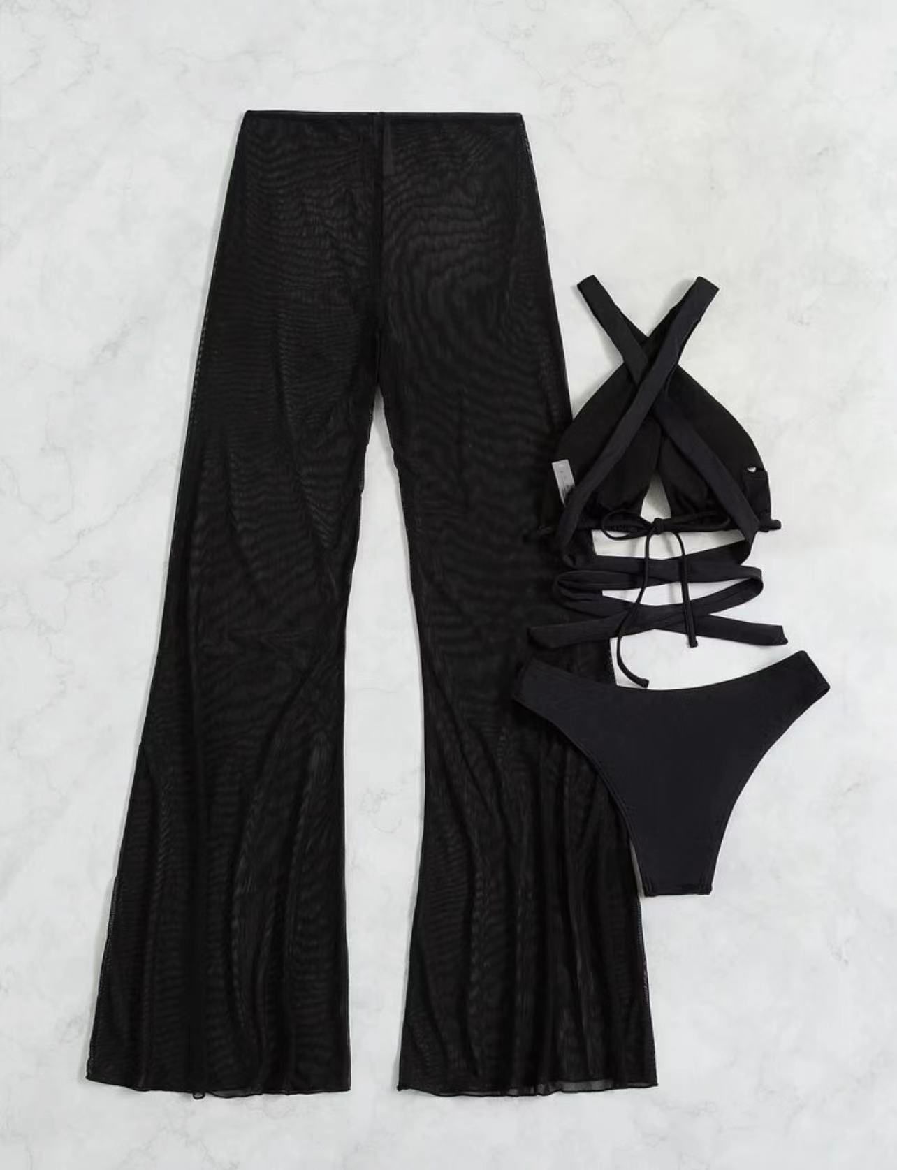 2024 New 3 Pieces Set Swimsuit Women High Waist Swimwear Sexy Lace Up Micro Bikini Set With Pant Solid Beachwear Bathing Suit
