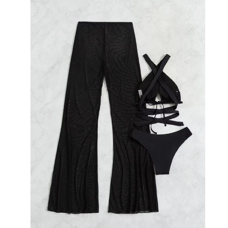 2024 New 3 Pieces Set Swimsuit Women High Waist Swimwear Sexy Lace Up Micro Bikini Set With Pant Solid Beachwear Bathing Suit