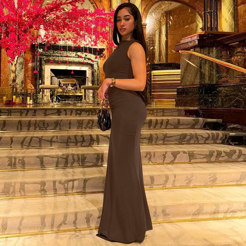 Pleated Fashion Patchwork Long Dress Women's High Waist Sleeveless Solid Slim Party Dress Summer 2024 Female Maxi Dress