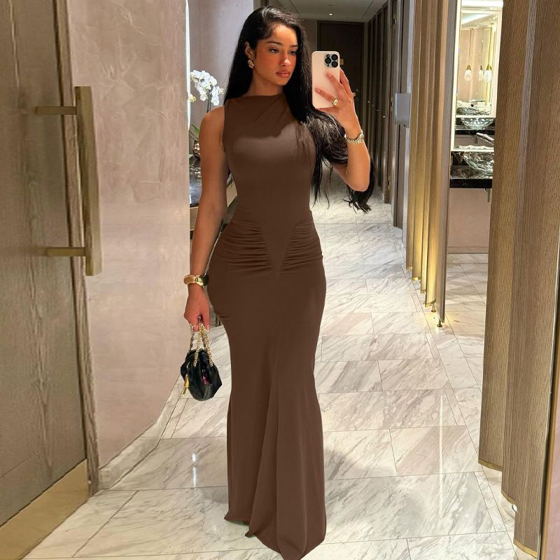 Pleated Fashion Patchwork Long Dress Women's High Waist Sleeveless Solid Slim Party Dress Summer 2024 Female Maxi Dress