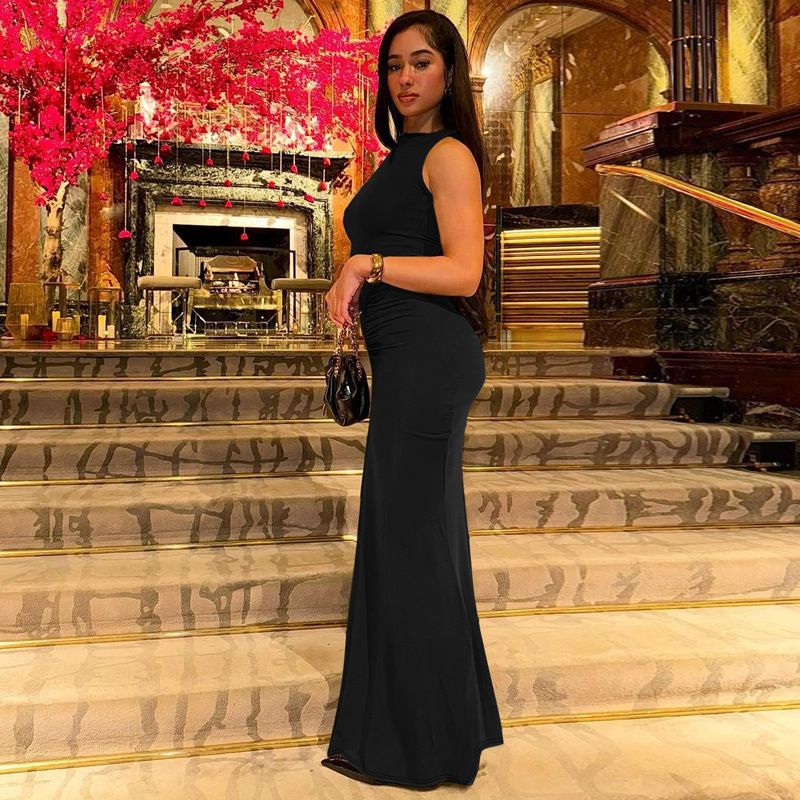 Pleated Fashion Patchwork Long Dress Women's High Waist Sleeveless Solid Slim Party Dress Summer 2024 Female Maxi Dress