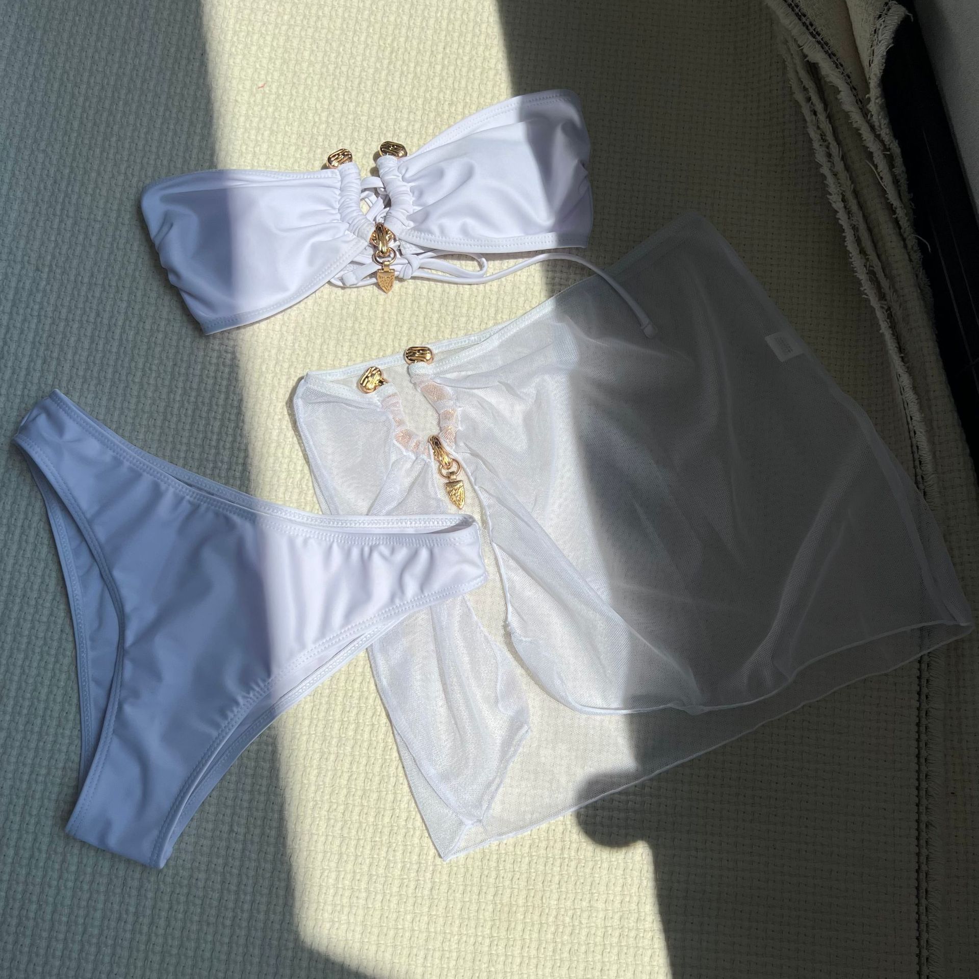 Women 3 Pieces Swimsuit Tie-dye Print Halter Backless Micro Bikini Set+Mesh Skirt Cover-Up Swimwear Undewire Padded Bathing Suit