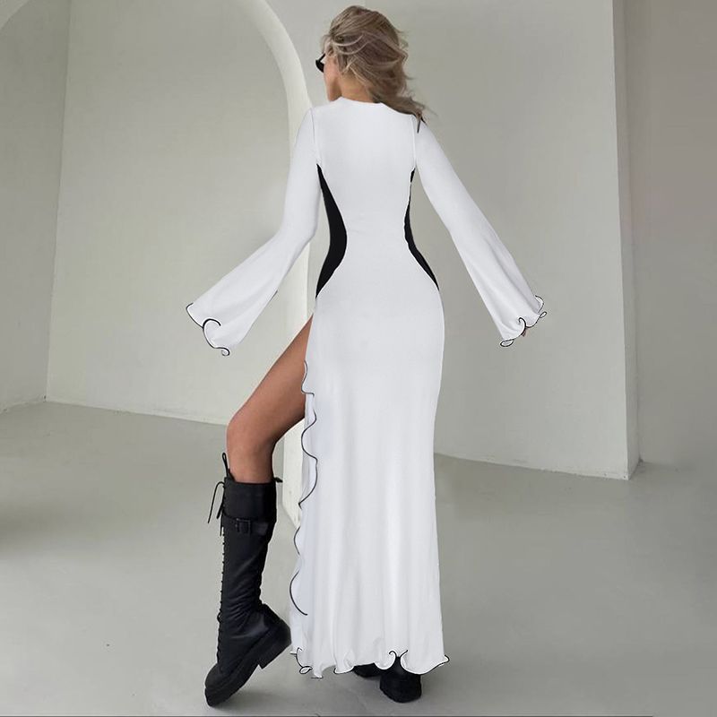 Long Sleeve Ruched High Split Maxi Dress Women Square Collar Drawstring Bodycon Sexy Party Long Dress Elegant Autumn