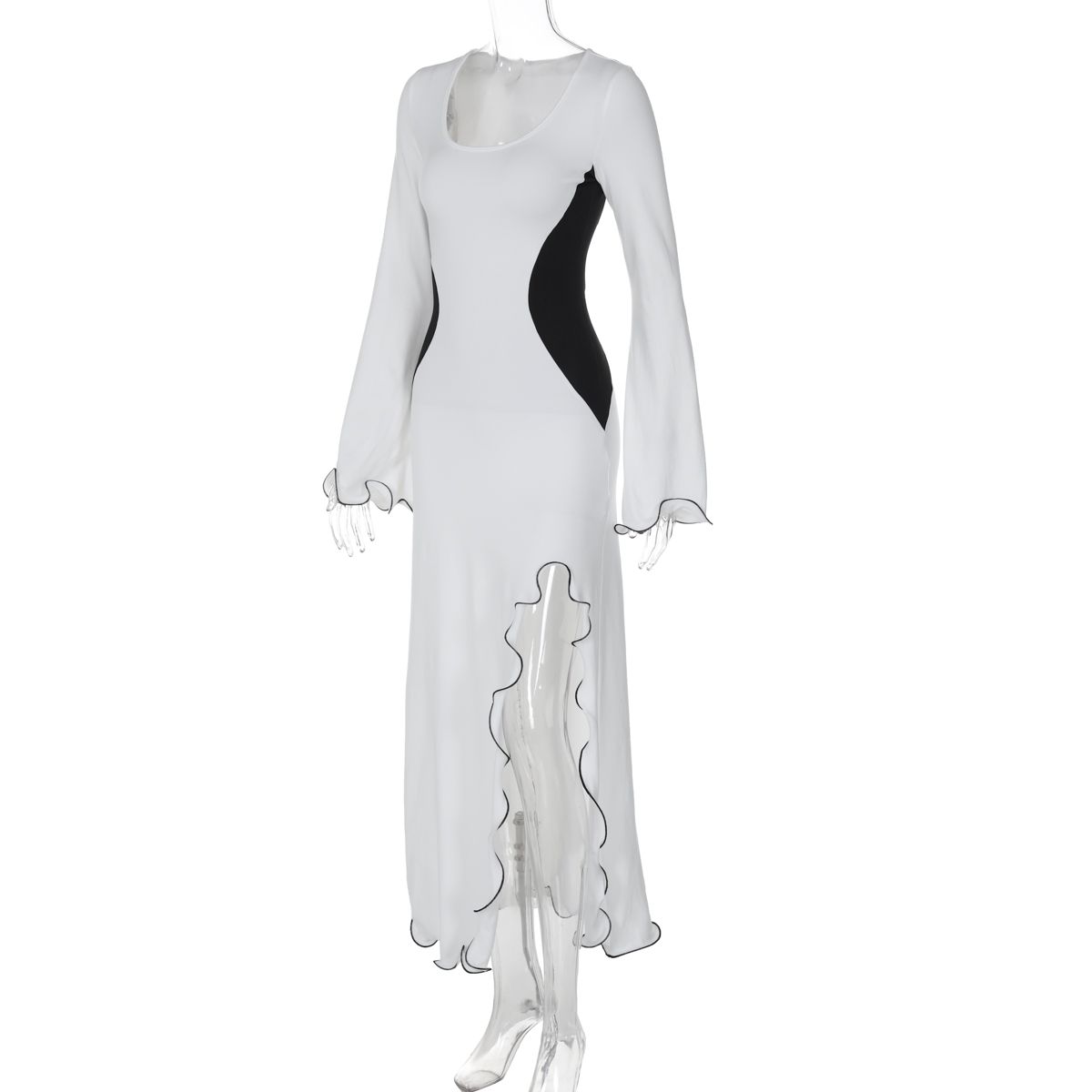 Long Sleeve Ruched High Split Maxi Dress Women Square Collar Drawstring Bodycon Sexy Party Long Dress Elegant Autumn