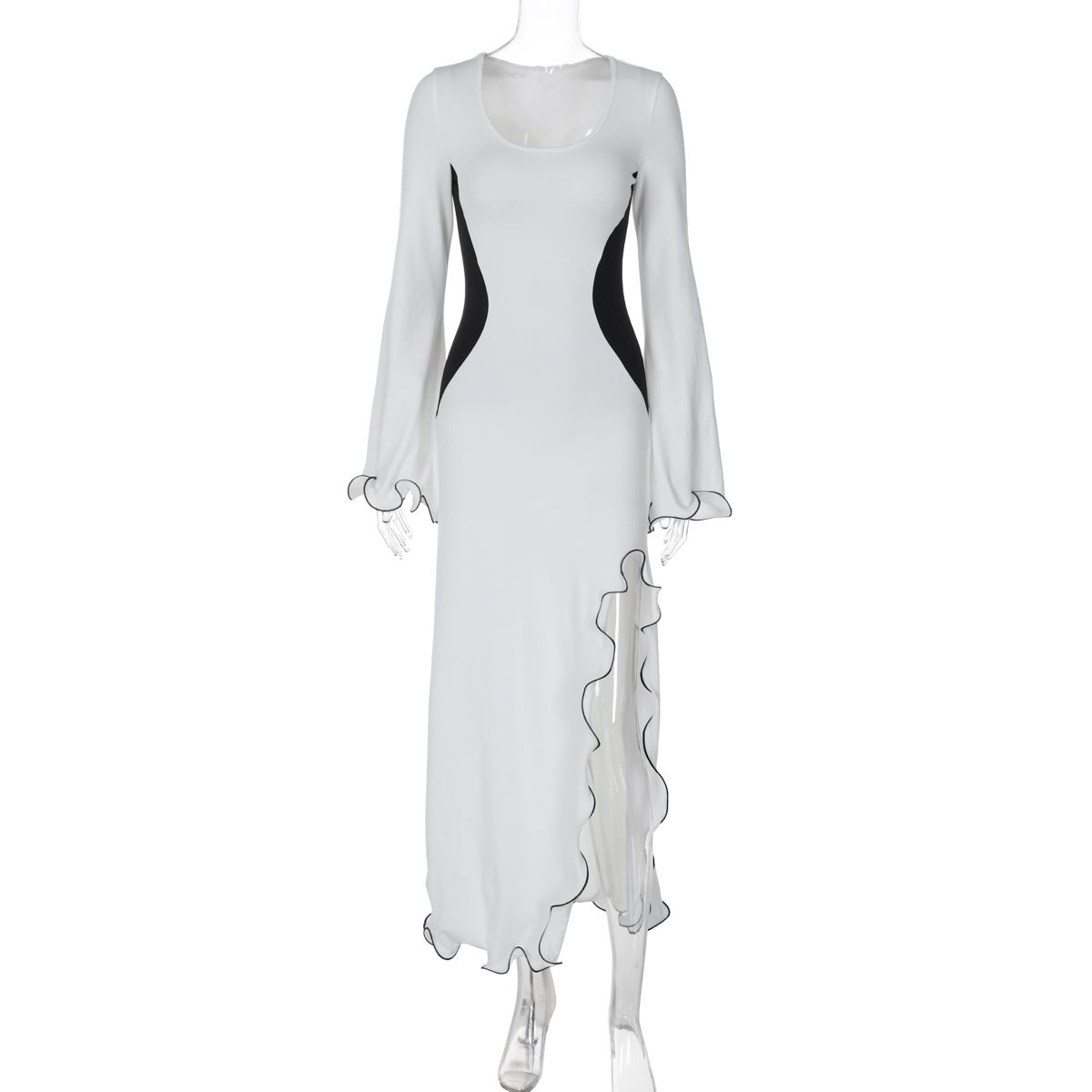 Long Sleeve Ruched High Split Maxi Dress Women Square Collar Drawstring Bodycon Sexy Party Long Dress Elegant Autumn