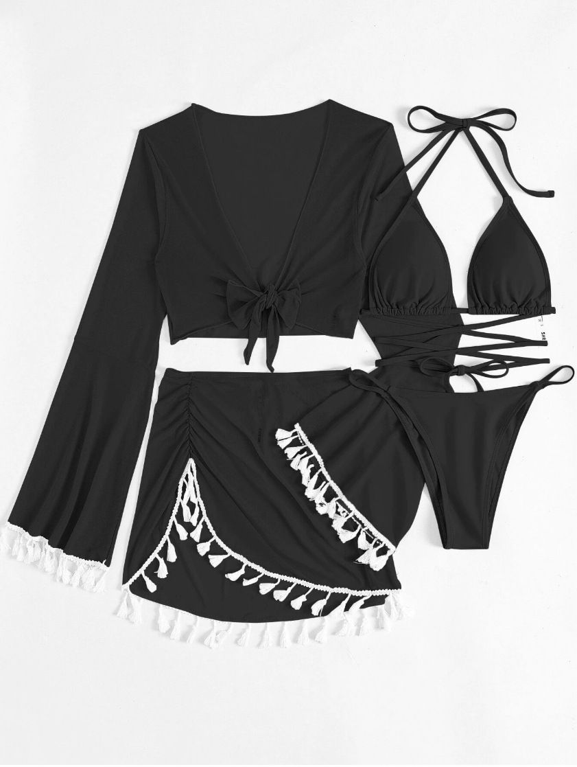 2024 New Four Piece Bikini Sets Solid Long Sleeve Women's Swimsuit Summer Sexy Swimwear Beach Bathing Suit