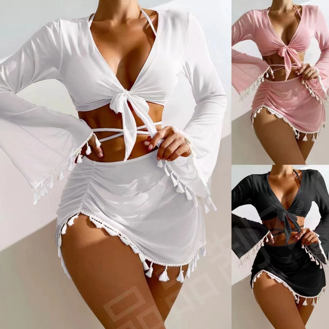 2024 New Four Piece Bikini Sets Solid Long Sleeve Women's Swimsuit Summer Sexy Swimwear Beach Bathing Suit