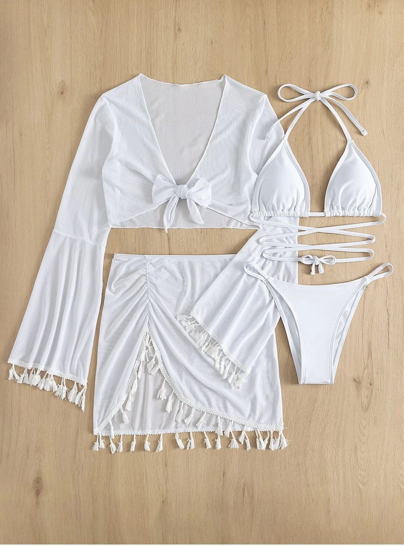 2024 New Four Piece Bikini Sets Solid Long Sleeve Women's Swimsuit Summer Sexy Swimwear Beach Bathing Suit