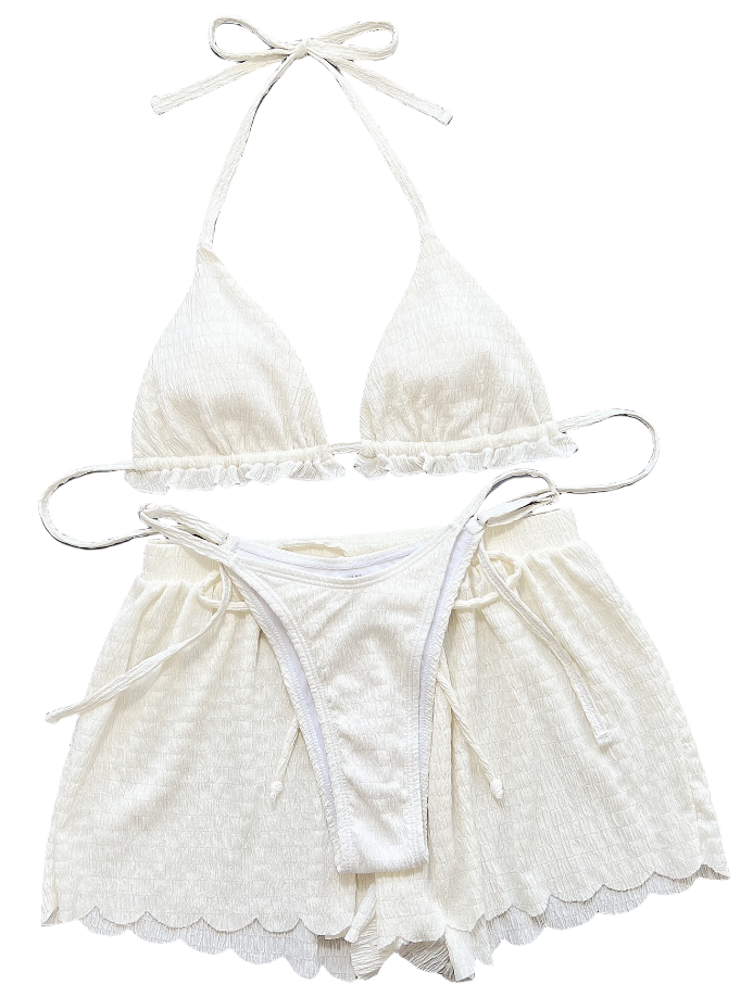 Ruffled Firlled Halter Bikini Women Swimwear Female Swimsuit Three-pieces Bikini set With Shorts Bather Bathing Suit Swim