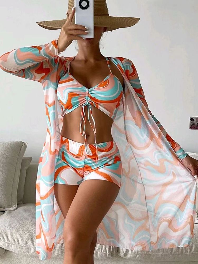 High Waisted Bikini Three Pieces Floral Printed Swimsuit Women Bikini Set With Mesh Long-Sleeved Blouse Size 2024 New