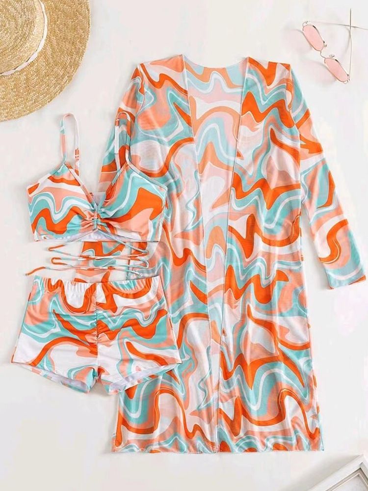 High Waisted Bikini Three Pieces Floral Printed Swimsuit Women Bikini Set With Mesh Long-Sleeved Blouse Size 2024 New