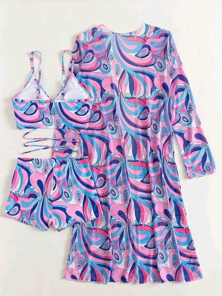 High Waisted Bikini Three Pieces Floral Printed Swimsuit Women Bikini Set With Mesh Long-Sleeved Blouse Size 2024 New