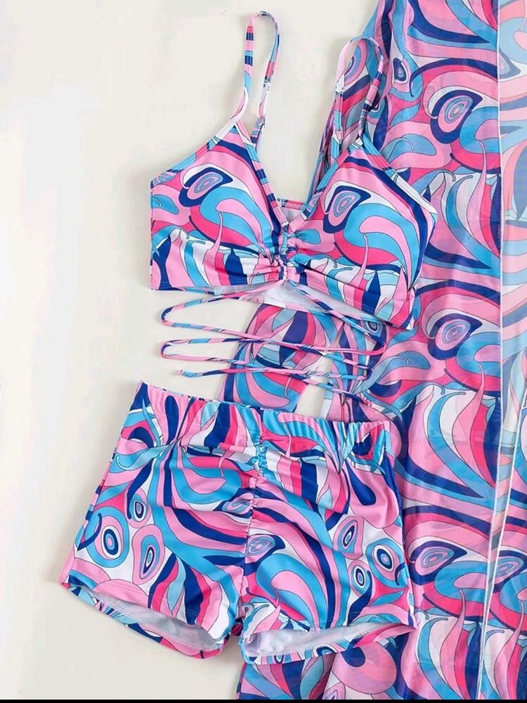 High Waisted Bikini Three Pieces Floral Printed Swimsuit Women Bikini Set With Mesh Long-Sleeved Blouse Size 2024 New