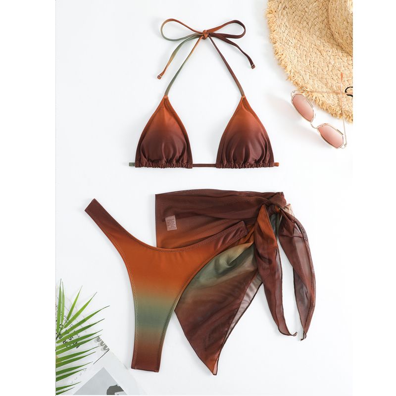 Women's 3 Piece Gradient Tie Dye Bathing Suit Lace Up High Cut Bikini with Beach Skirt Low Waist Brazilian Bathing Suit