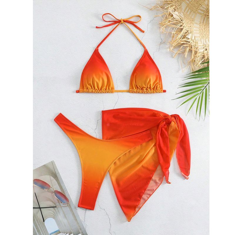 Women's 3 Piece Gradient Tie Dye Bathing Suit Lace Up High Cut Bikini with Beach Skirt Low Waist Brazilian Bathing Suit