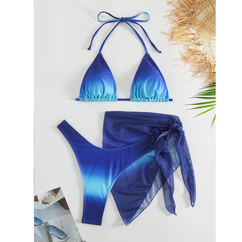 Women's 3 Piece Gradient Tie Dye Bathing Suit Lace Up High Cut Bikini with Beach Skirt Low Waist Brazilian Bathing Suit