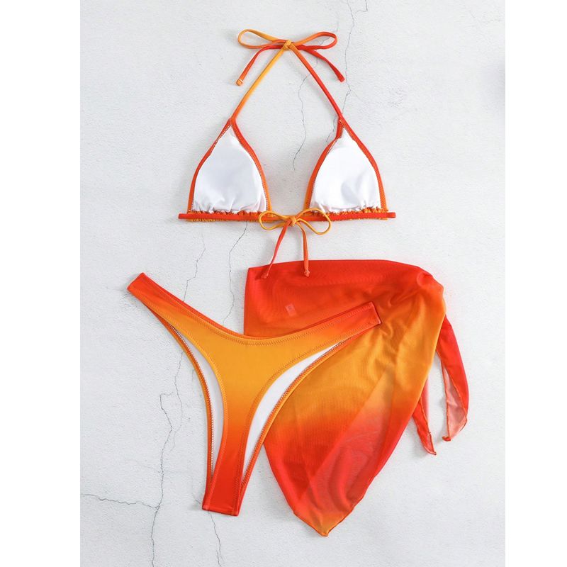 Women's 3 Piece Gradient Tie Dye Bathing Suit Lace Up High Cut Bikini with Beach Skirt Low Waist Brazilian Bathing Suit