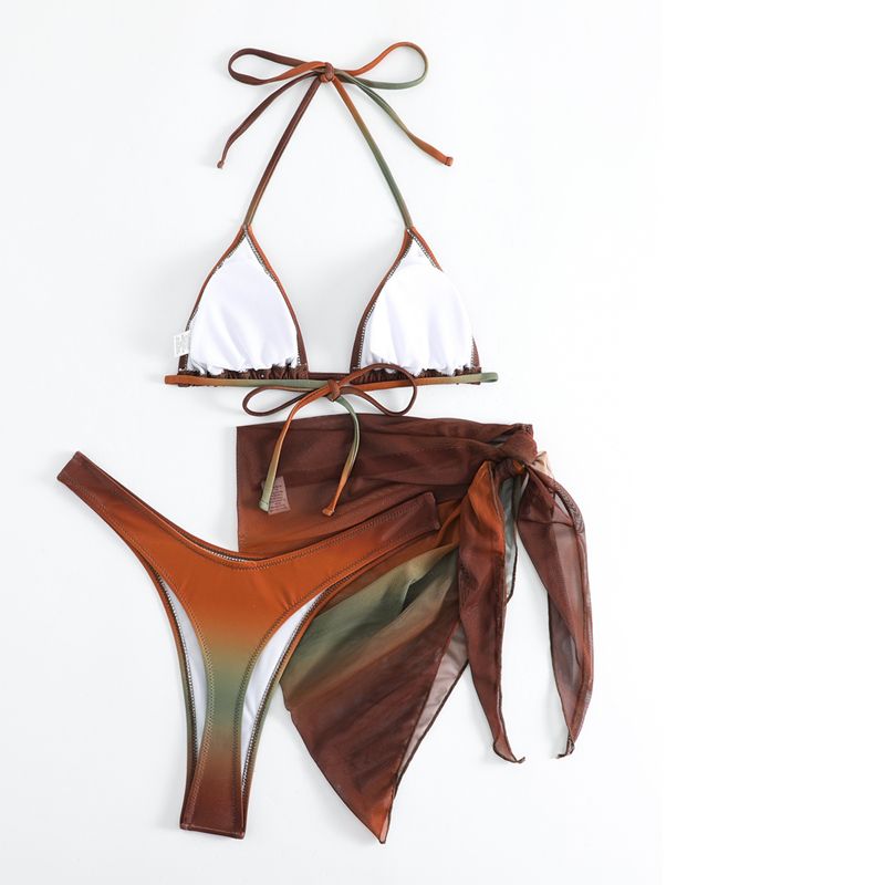 Women's 3 Piece Gradient Tie Dye Bathing Suit Lace Up High Cut Bikini with Beach Skirt Low Waist Brazilian Bathing Suit