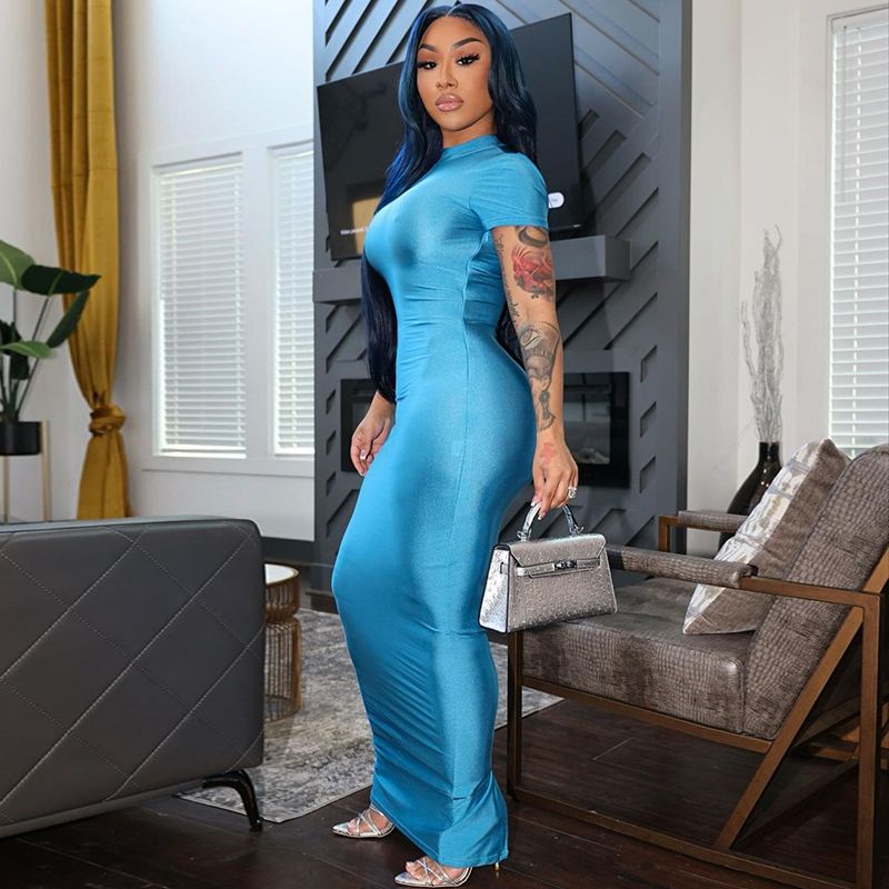 Pure Color O Neck Short Sleeve Slit Sexy Bodycon Slim Maxi Prom Dress 2024 Summer Women Elegant Party Festival Clothes