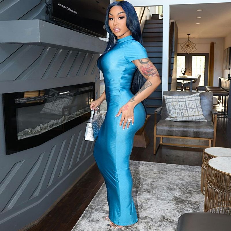 Pure Color O Neck Short Sleeve Slit Sexy Bodycon Slim Maxi Prom Dress 2024 Summer Women Elegant Party Festival Clothes
