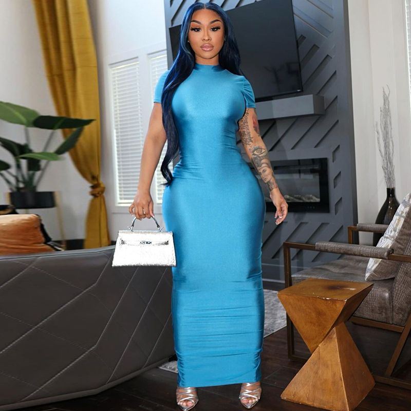 Pure Color O Neck Short Sleeve Slit Sexy Bodycon Slim Maxi Prom Dress 2024 Summer Women Elegant Party Festival Clothes