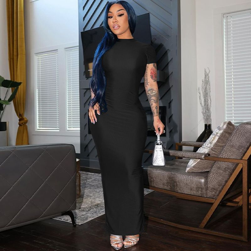 Pure Color O Neck Short Sleeve Slit Sexy Bodycon Slim Maxi Prom Dress 2024 Summer Women Elegant Party Festival Clothes