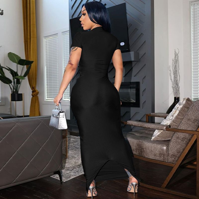 Pure Color O Neck Short Sleeve Slit Sexy Bodycon Slim Maxi Prom Dress 2024 Summer Women Elegant Party Festival Clothes
