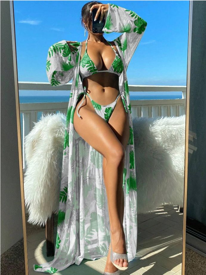 Print Swimsuit Kimono Tankini Sets Female Swimwear Sports Beachwear Three-Piece Bathing Suit Girls Pool Women Swimming Suit 2024