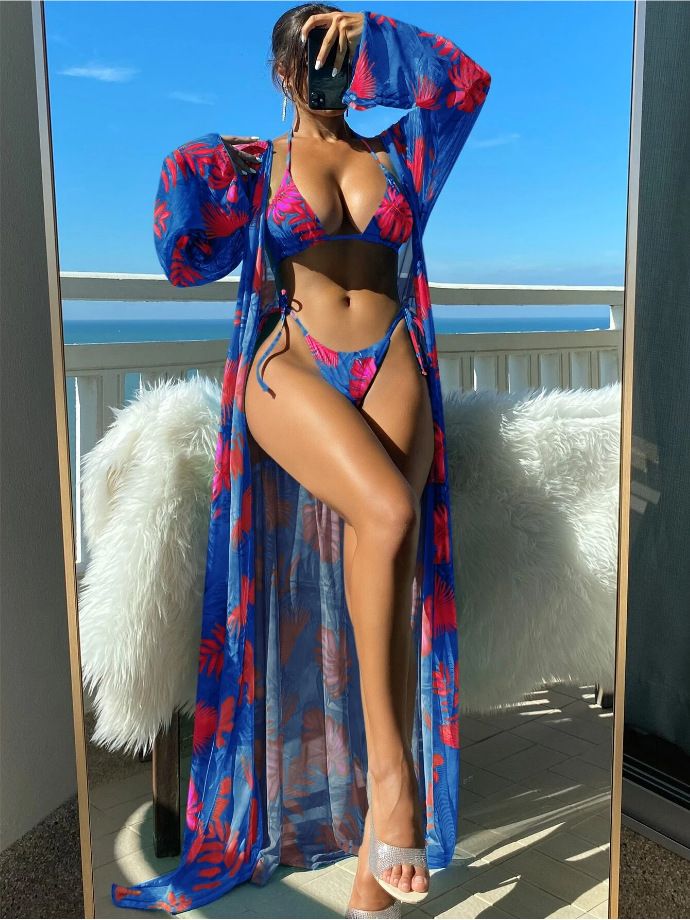Print Swimsuit Kimono Tankini Sets Female Swimwear Sports Beachwear Three-Piece Bathing Suit Girls Pool Women Swimming Suit 2024