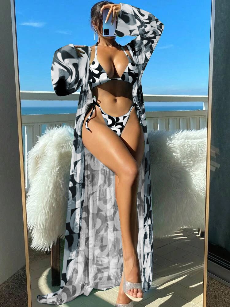 Print Swimsuit Kimono Tankini Sets Female Swimwear Sports Beachwear Three-Piece Bathing Suit Girls Pool Women Swimming Suit 2024