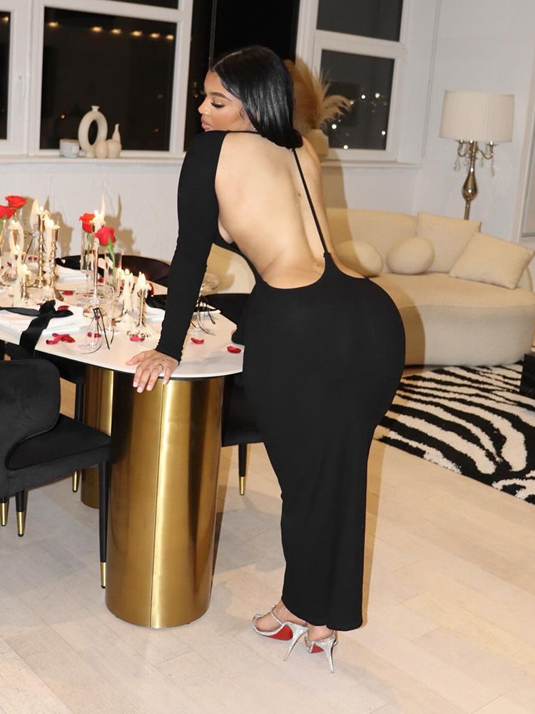 Elegant Cutout Maxi Black Evening Dress Women Sexy O-Neck Long Sleeve Backless Body-Shaping Vestidos Party Clubwear