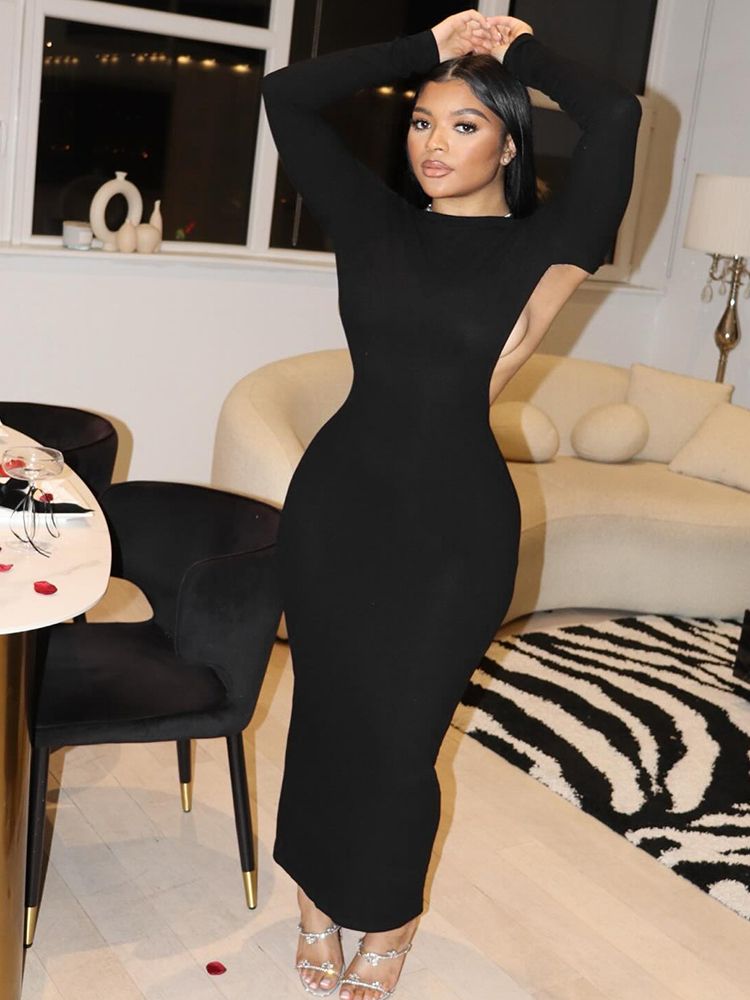 Elegant Cutout Maxi Black Evening Dress Women Sexy O-Neck Long Sleeve Backless Body-Shaping Vestidos Party Clubwear