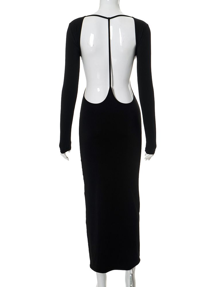 Elegant Cutout Maxi Black Evening Dress Women Sexy O-Neck Long Sleeve Backless Body-Shaping Vestidos Party Clubwear
