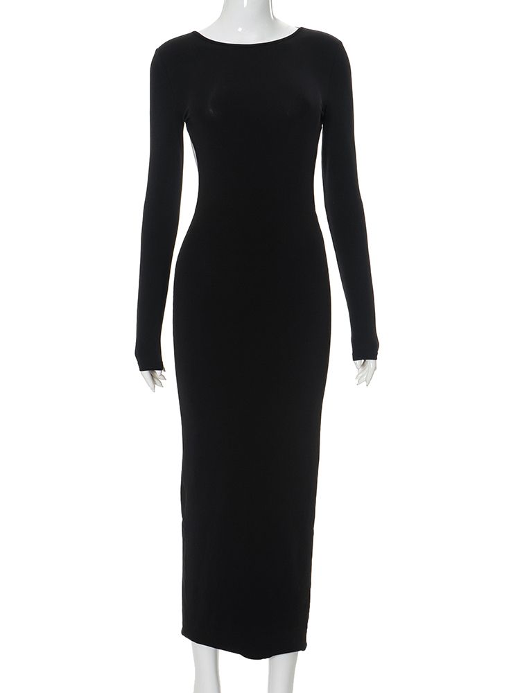 Elegant Cutout Maxi Black Evening Dress Women Sexy O-Neck Long Sleeve Backless Body-Shaping Vestidos Party Clubwear