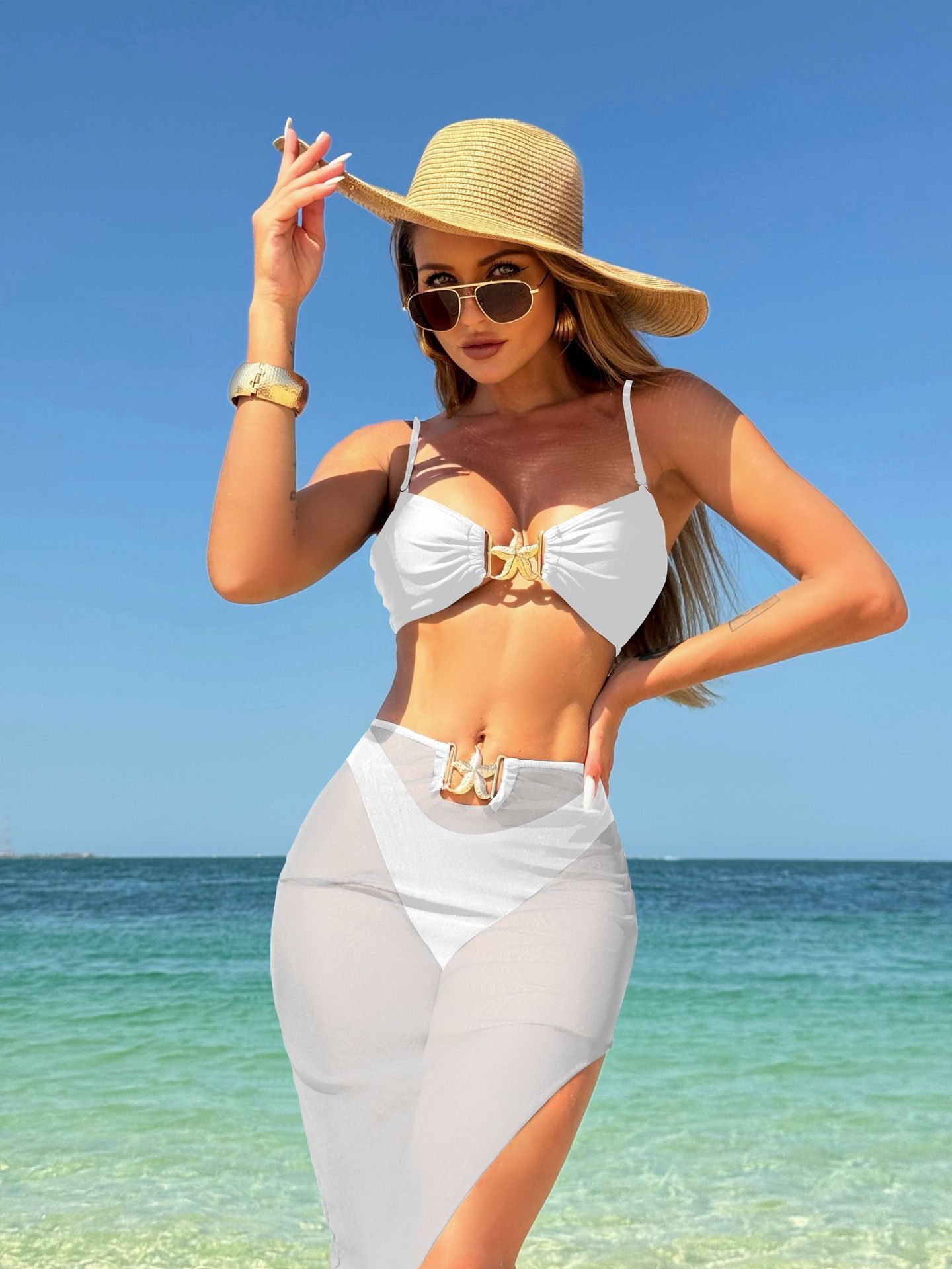 3Pieces Bikini 2025 Sexy Women Swimsuit Swimwear Female Solid Mesh Long Skirt Bikini Set Biquini Bathing Suit Swimming Suit