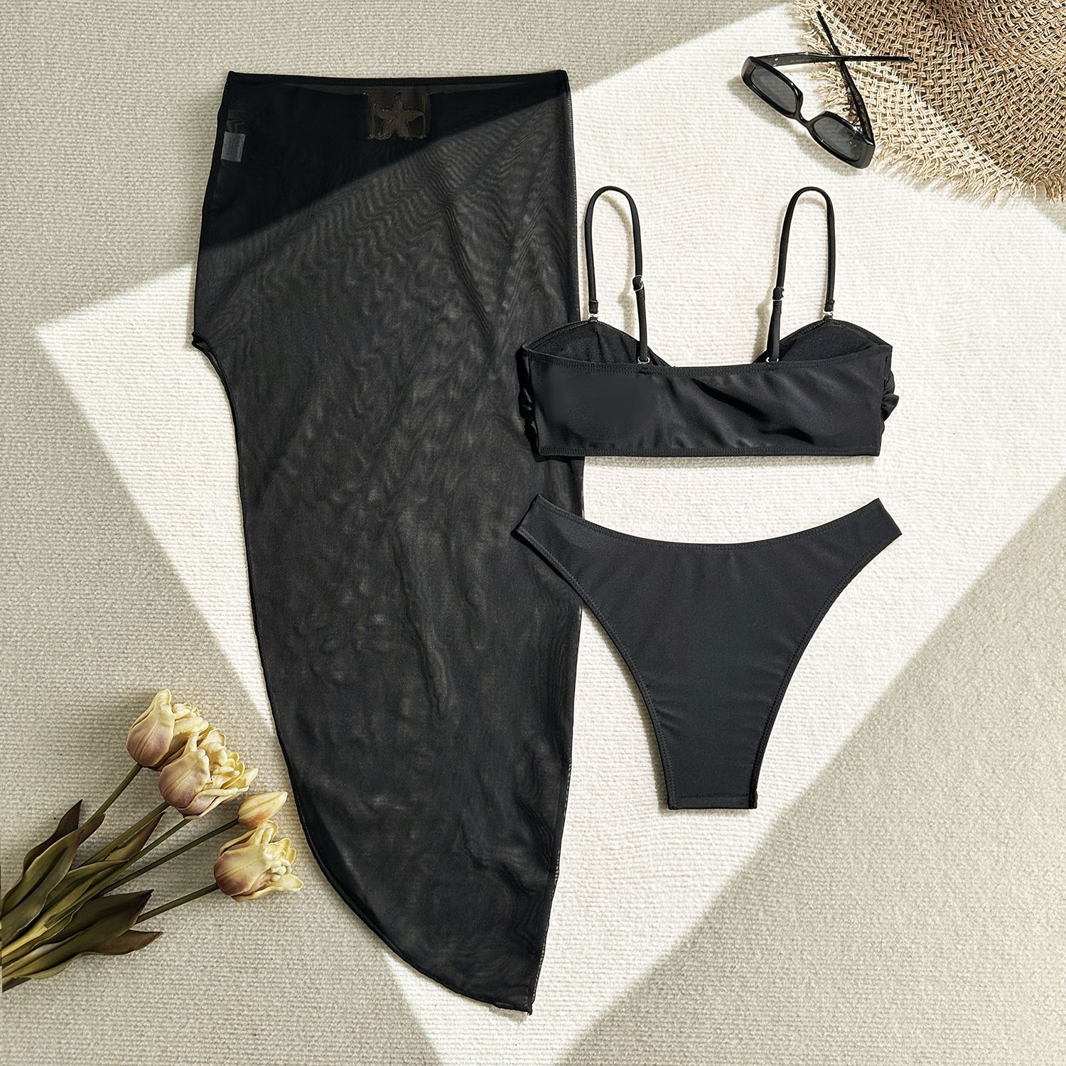 3Pieces Bikini 2025 Sexy Women Swimsuit Swimwear Female Solid Mesh Long Skirt Bikini Set Biquini Bathing Suit Swimming Suit