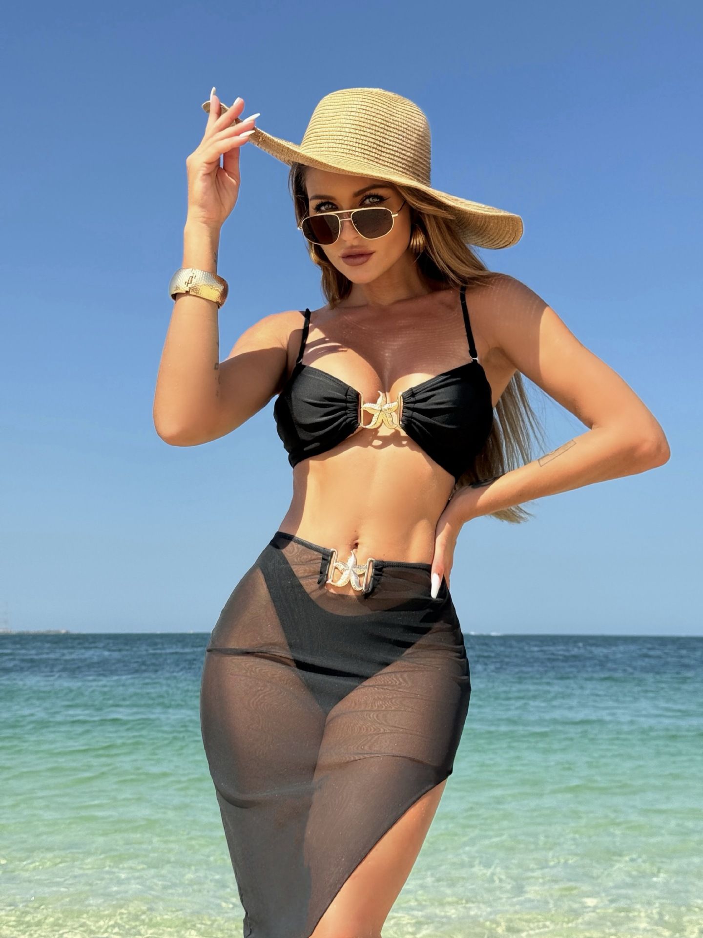 3Pieces Bikini 2025 Sexy Women Swimsuit Swimwear Female Solid Mesh Long Skirt Bikini Set Biquini Bathing Suit Swimming Suit