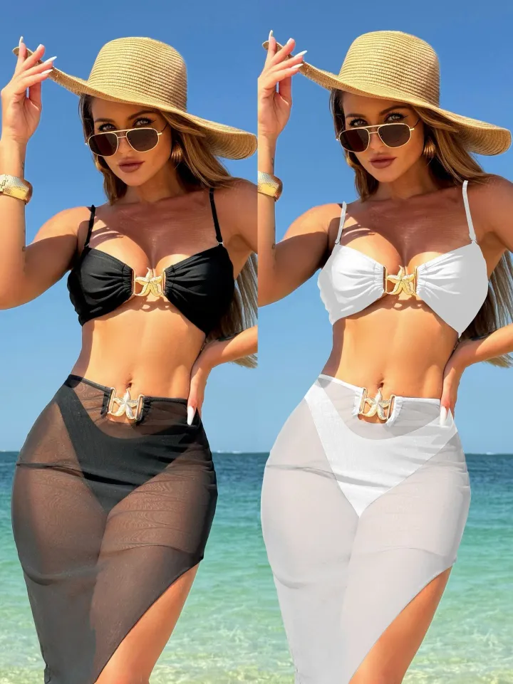 3Pieces Bikini 2025 Sexy Women Swimsuit Swimwear Female Solid Mesh Long Skirt Bikini Set Biquini Bathing Suit Swimming Suit