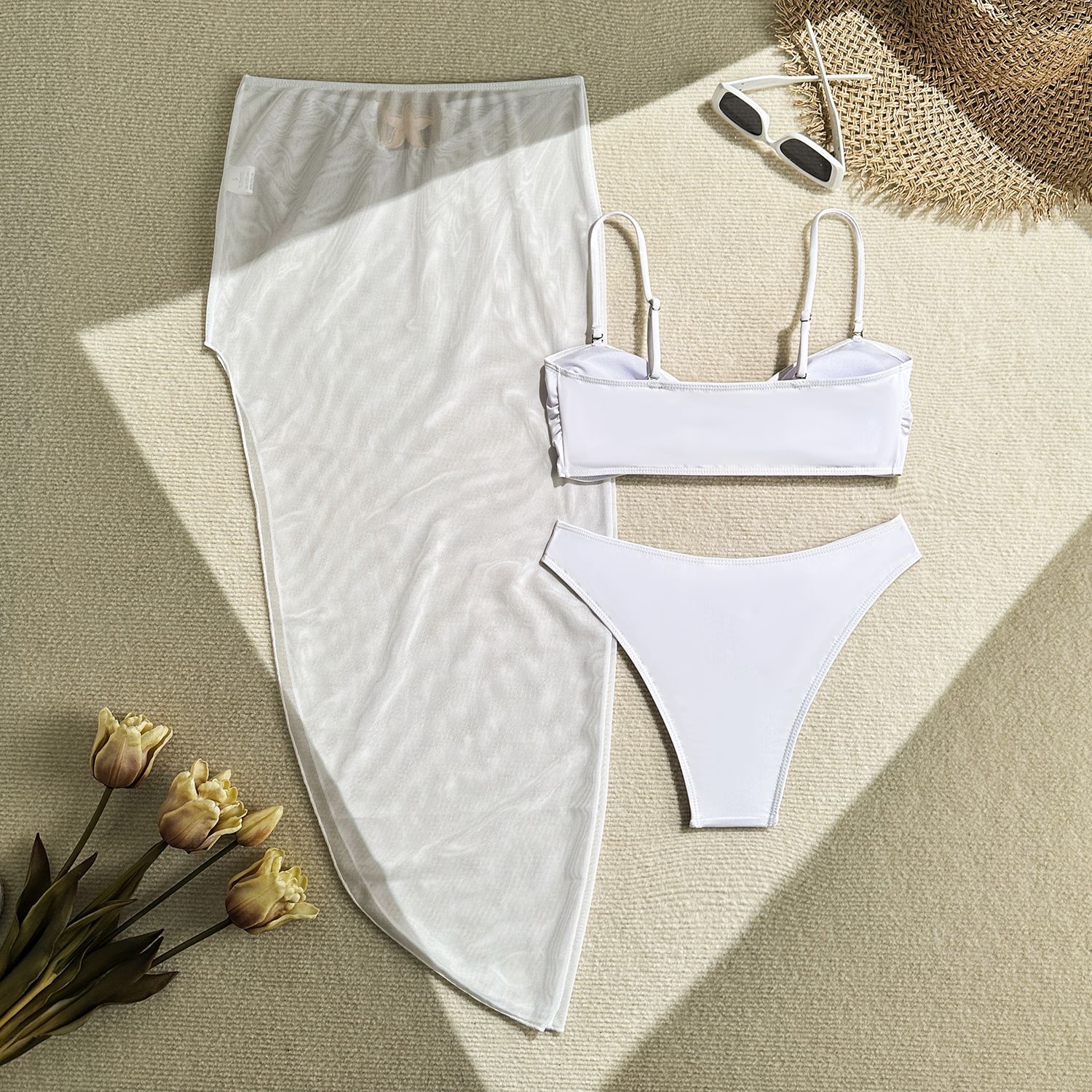 3Pieces Bikini 2025 Sexy Women Swimsuit Swimwear Female Solid Mesh Long Skirt Bikini Set Biquini Bathing Suit Swimming Suit