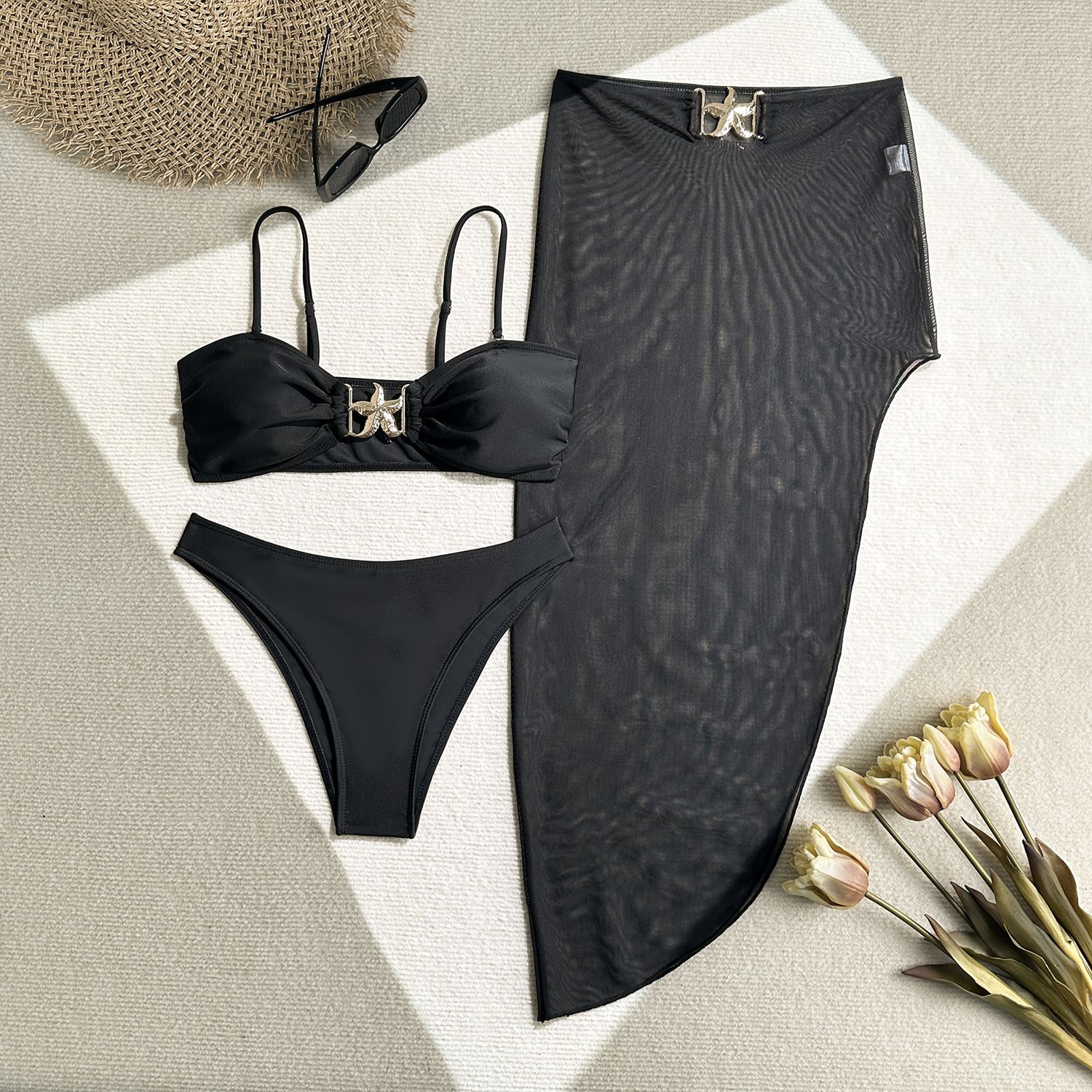 3Pieces Bikini 2025 Sexy Women Swimsuit Swimwear Female Solid Mesh Long Skirt Bikini Set Biquini Bathing Suit Swimming Suit