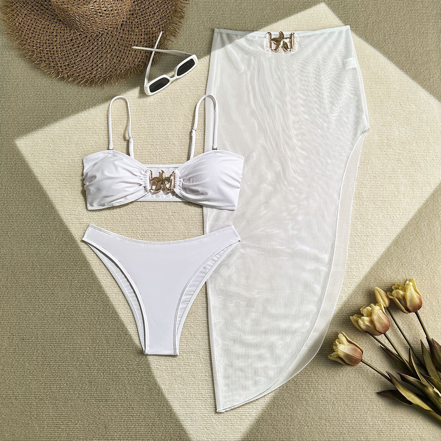 3Pieces Bikini 2025 Sexy Women Swimsuit Swimwear Female Solid Mesh Long Skirt Bikini Set Biquini Bathing Suit Swimming Suit