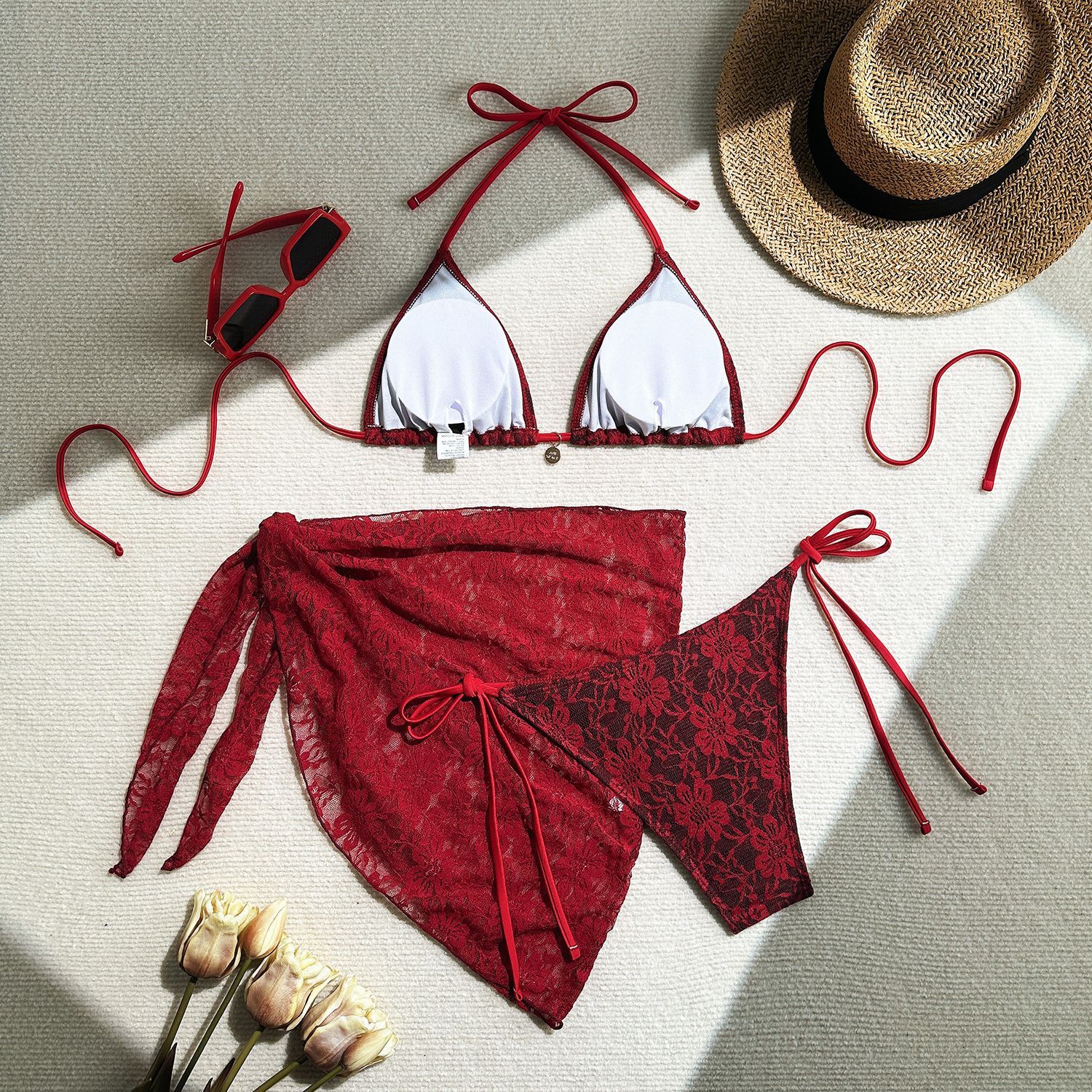 3Packs Bikini With Beach Skirt Lace Up Swimsuit Women Sexy Swimwear Female Crochet Dress Bathing Suits Sarongs Biquini