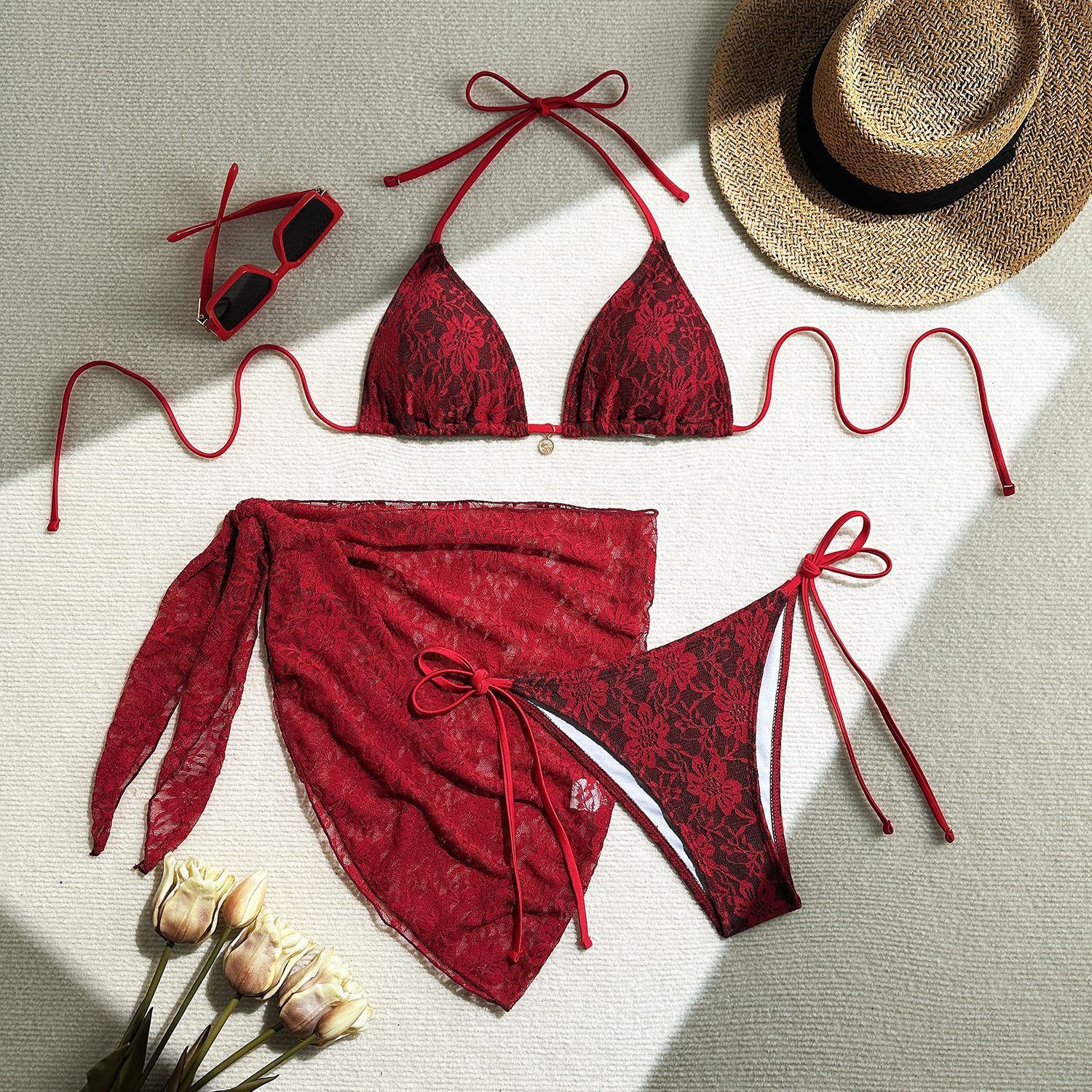 3Packs Bikini With Beach Skirt Lace Up Swimsuit Women Sexy Swimwear Female Crochet Dress Bathing Suits Sarongs Biquini