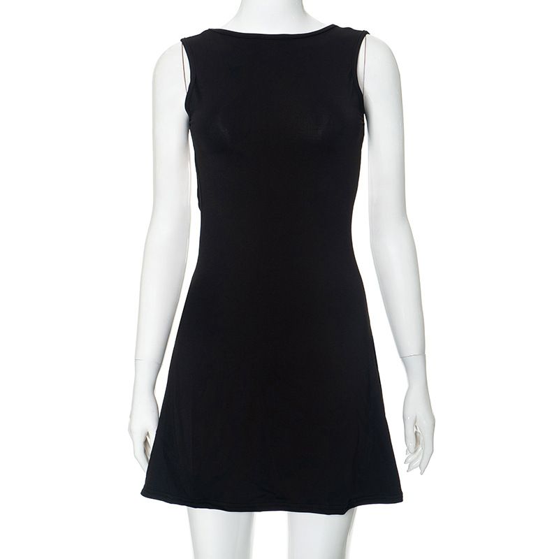 2025 Elegant Slim Solid Mini Dress For Women Summer O-neck Backless A-line Dress Black Sleeveless Office Lady Party Dress