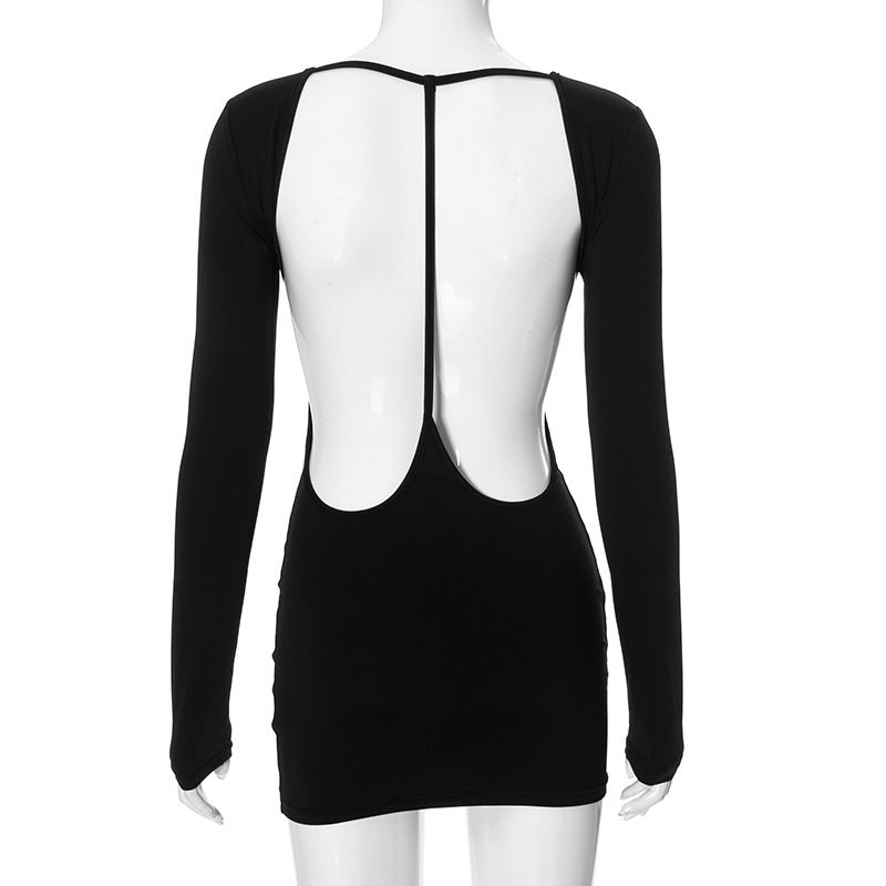 Sexy Backless Evening Party Dress Clubwear Designed Long Sleeve Black Mini Sheath Dress Stunning Hip Wrap Dress Autumn