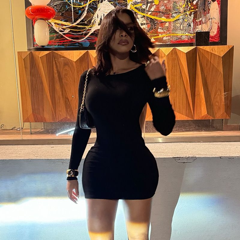 Sexy Backless Evening Party Dress Clubwear Designed Long Sleeve Black Mini Sheath Dress Stunning Hip Wrap Dress Autumn