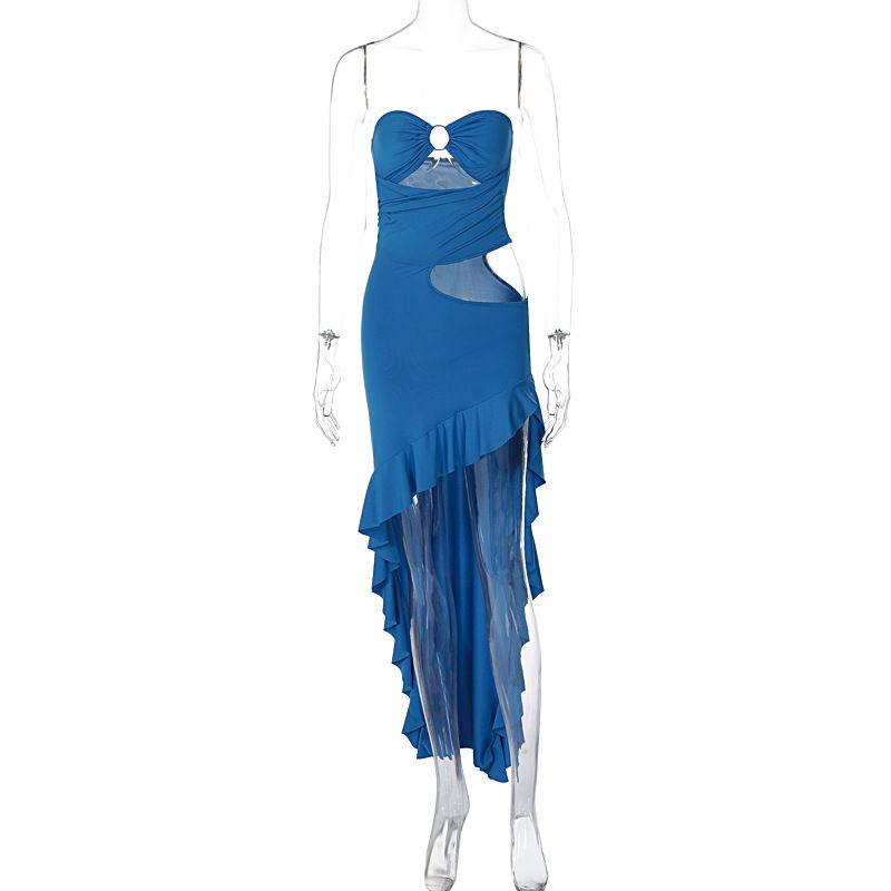 Sexy Irregular Tube Top Party Dresses Women Trend Streetwear Hollow Out Ruffles Package Hip Bodycon Slit Dress Club Prom Vestido